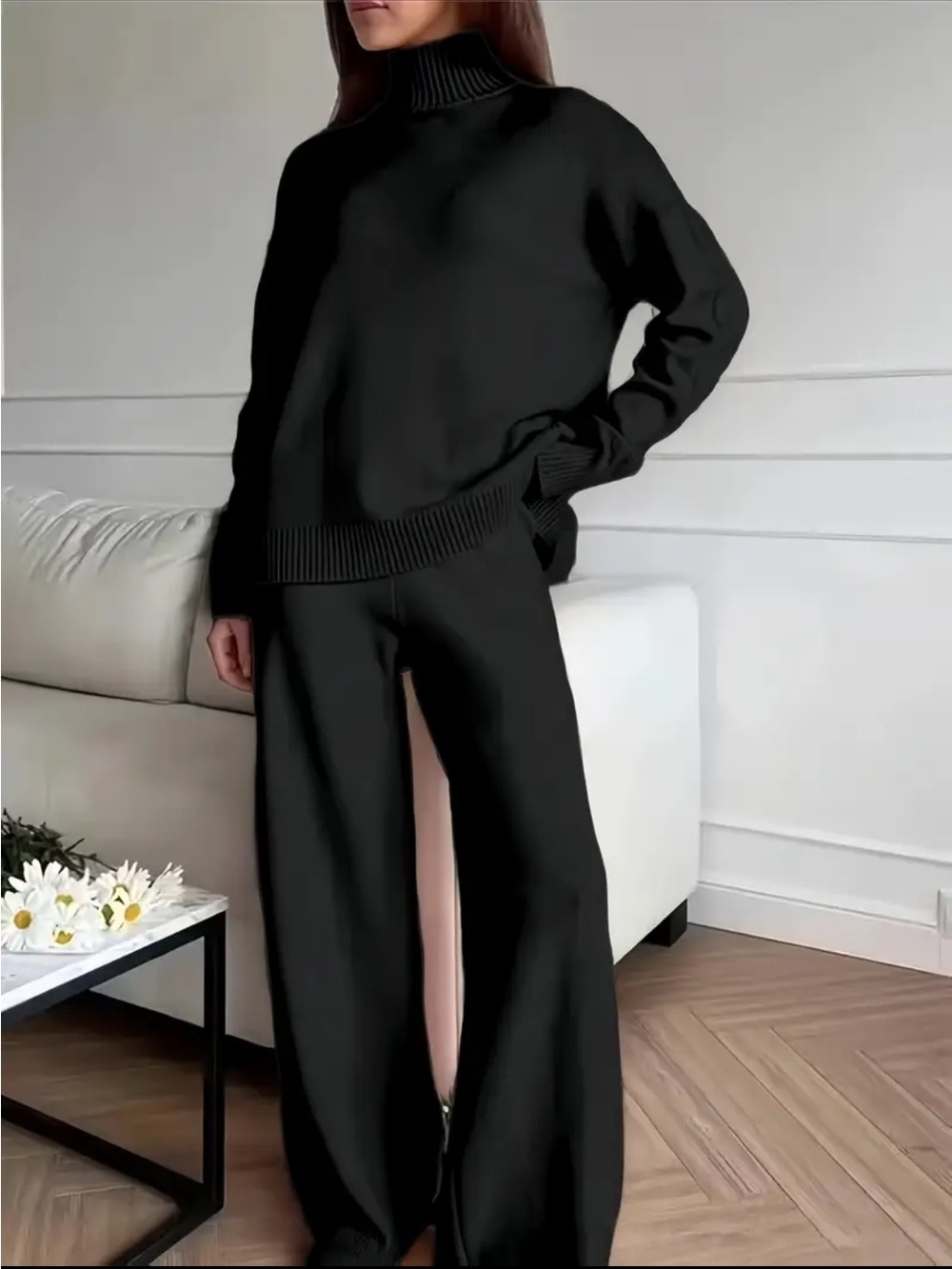 Relaxed Wide-Leg Knit Pants — Black